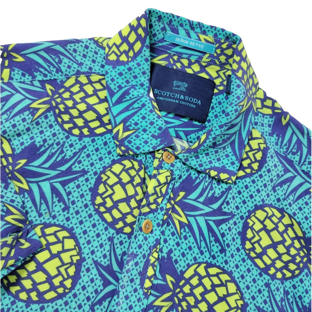 Scotch & Soda Senor Retro Mens Small Blue‎ Yellow All Over Pineapple Button Up